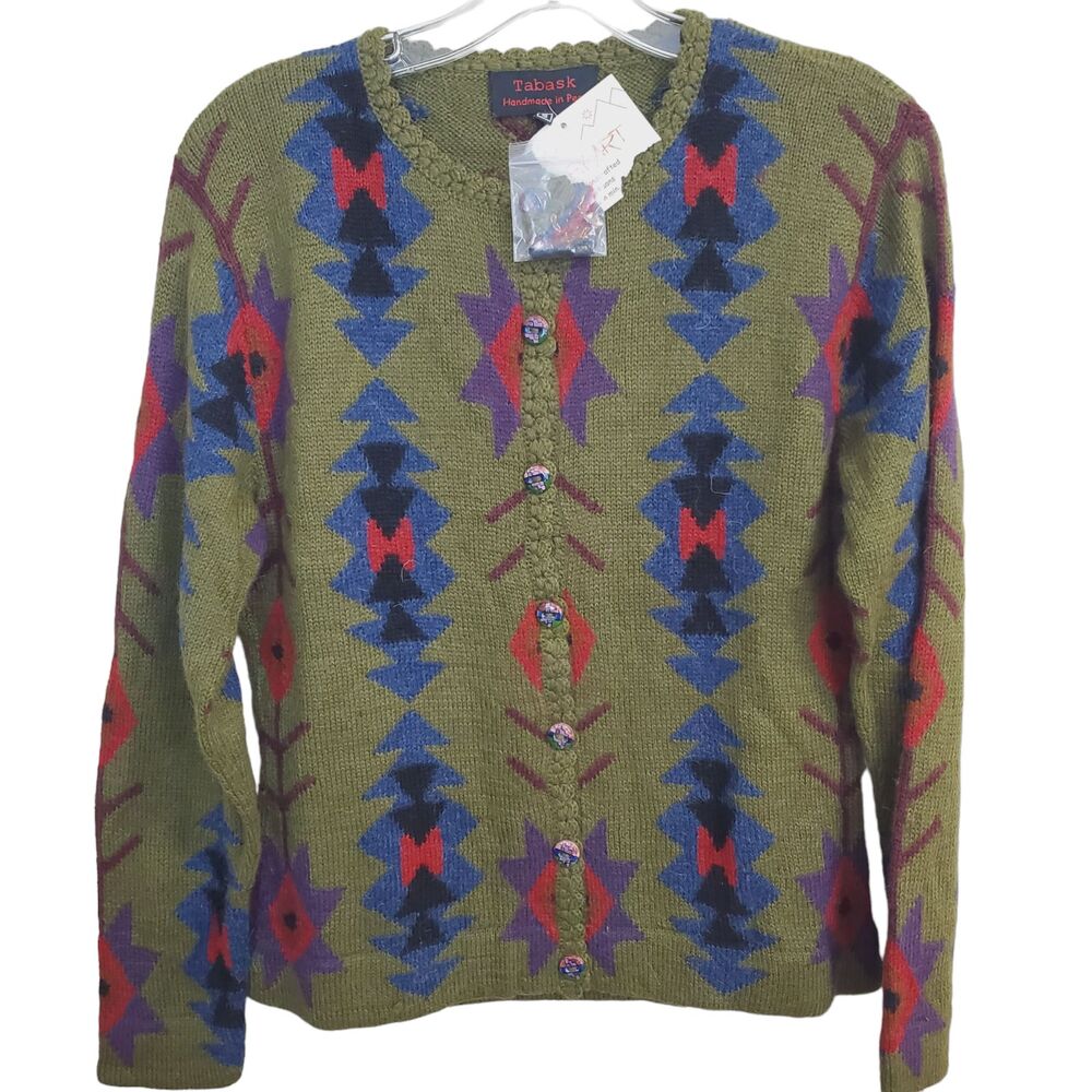 New Tabask ALPACA Green Aztec Southwestern Sweater Cardigan womens Size S #16